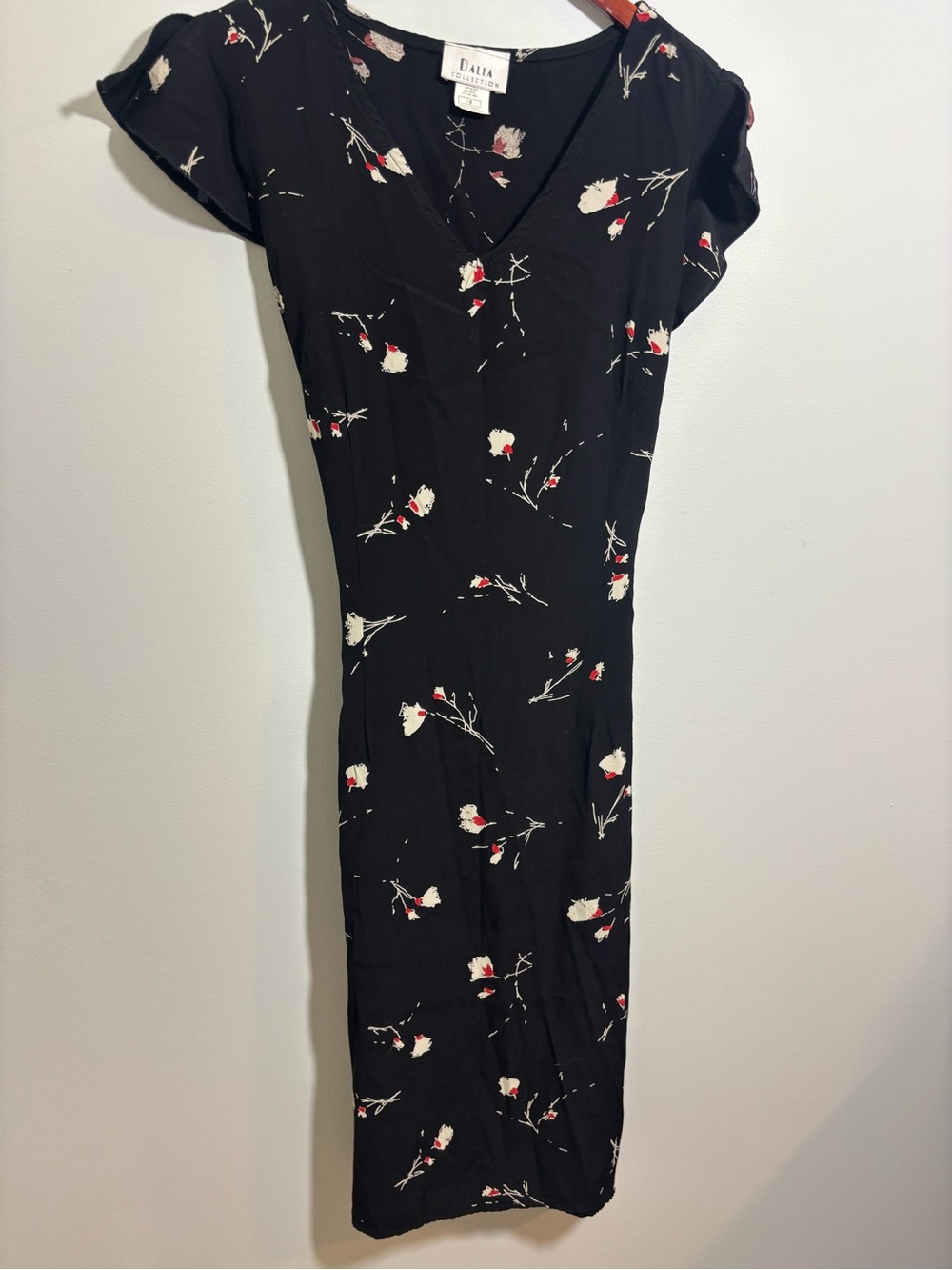 Vintage Black Floral 100% Rayon Midi Dress Y2K Dalia Collection Size 10